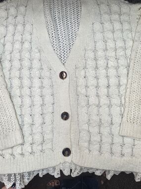 POL Cream Cable Knit Cardigan with Lace Trim
